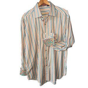 Robert Graham Flip Cuff Button Up Shirt Long Sleeve Stripe Orange Blue Cotton XL